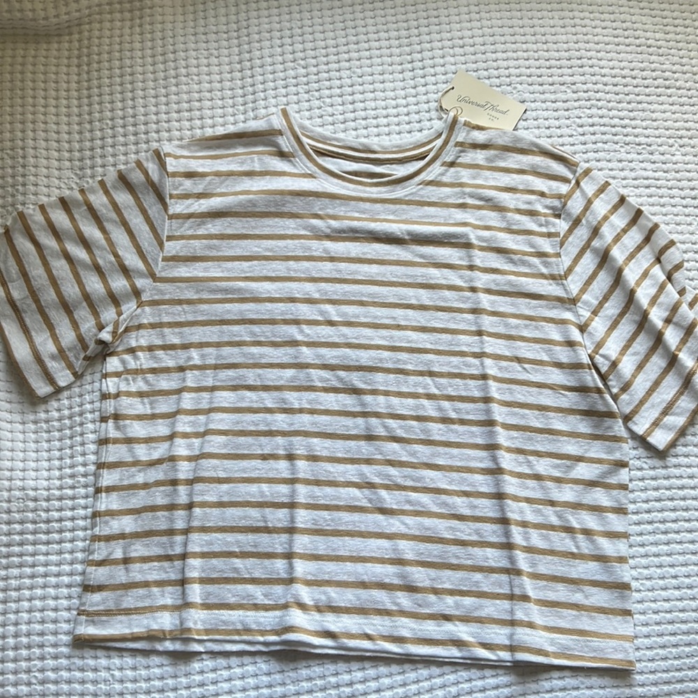 Target Tan and White Striped Linen Blend Tee